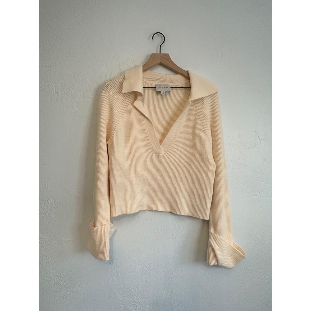 Jason Wu Cream Ribbed Polo V-Neck Sweater Wide Cuff Long Sleeve Small